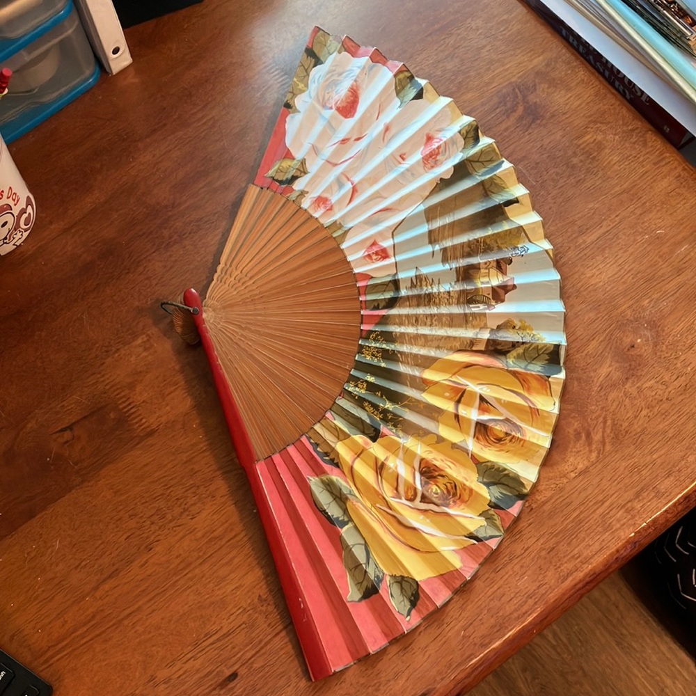 Truly exquisite wood and paper vintage fan, handmade in Spain!